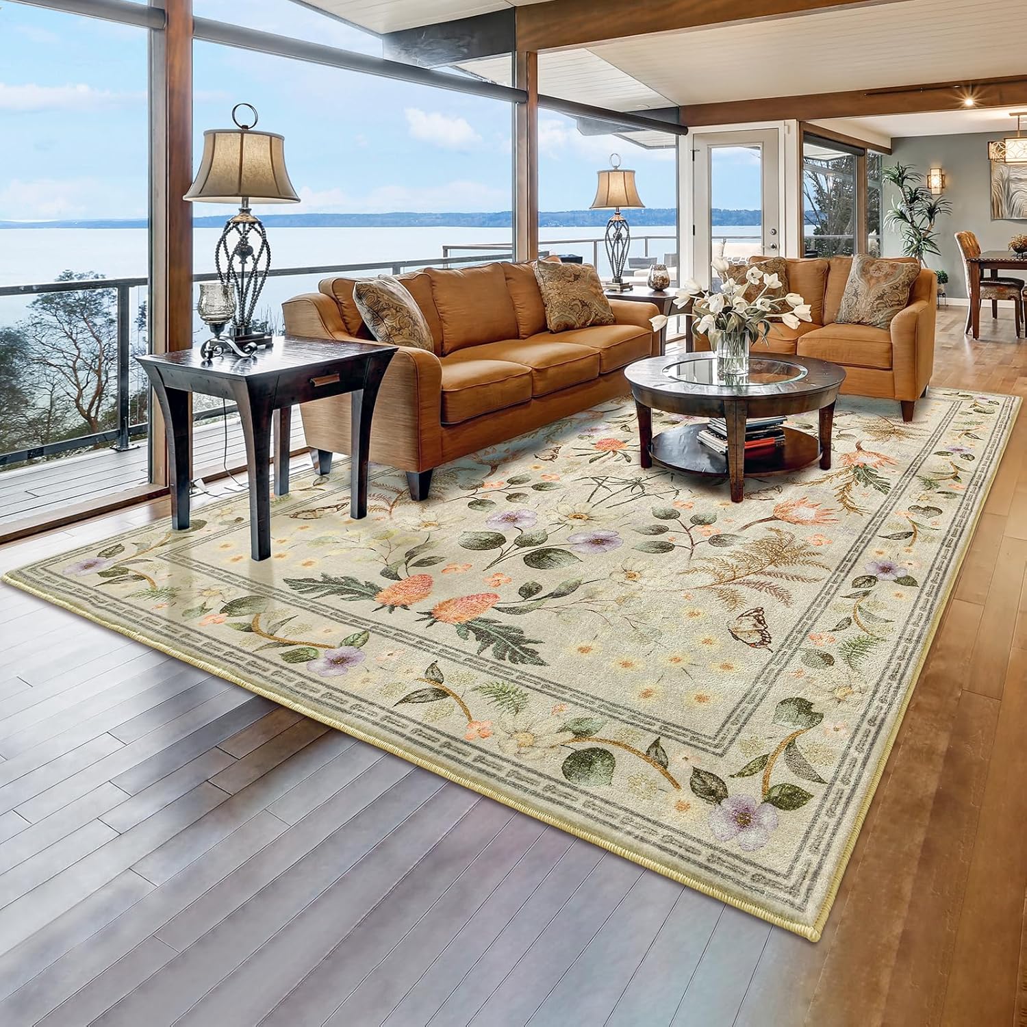 Area Rugs for Living Room, Washable 5x7 Vintage Rug for Bedroom, Non-Slip Floral Carpet for Home Office Nursery Dining Room Kitchen, Beige